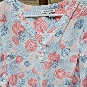 Emily Daniels Linen Blend Top Seashells Sz Large